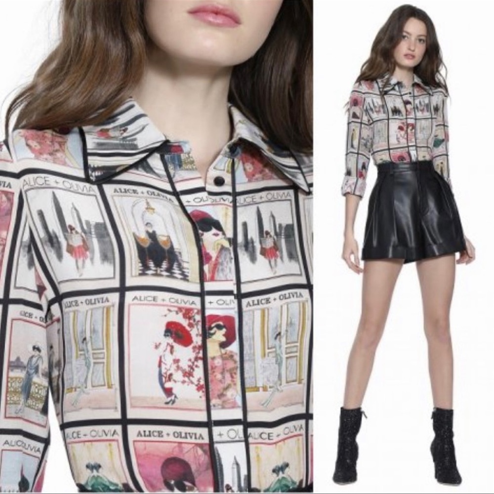Alice + Olivia Santana Magazine Print Silk Blouse